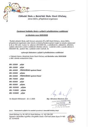 Oznámení o přijetí dětí k PV 2025-26 
